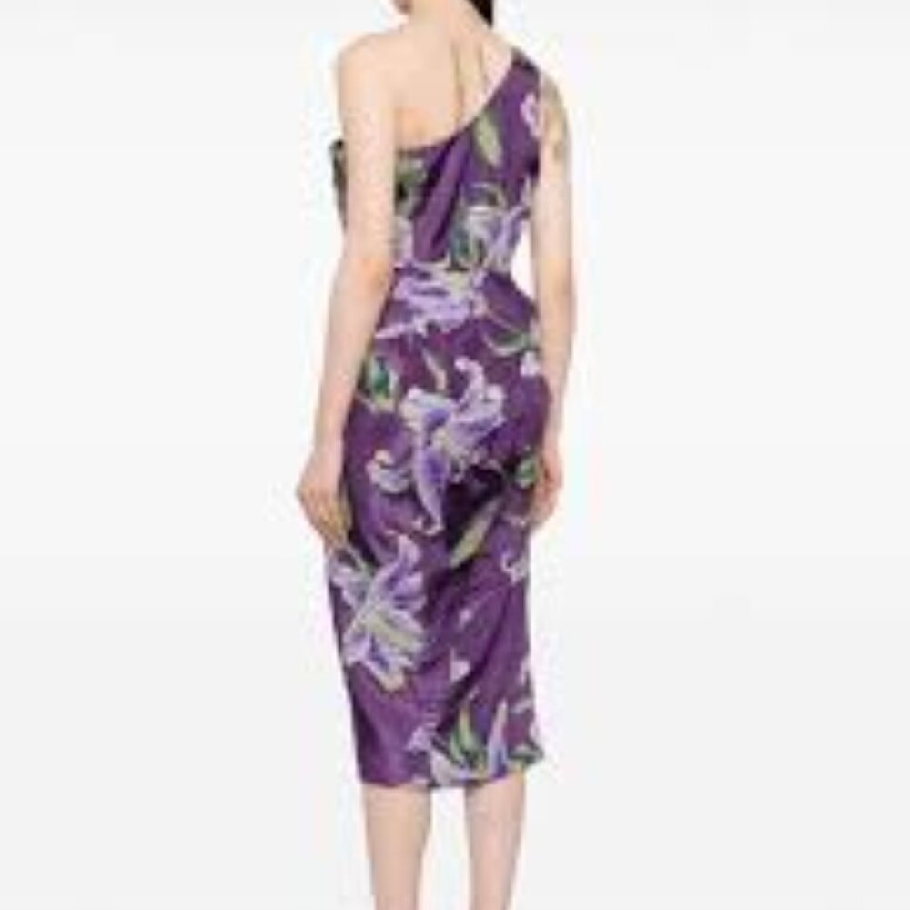 Marchesa Notte purple Jacquard lilly one shoulder midi cocktail dress size 8 - Picture 4 of 9